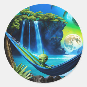 Alien Hammock on Beach Vacation Classic Round Sticker