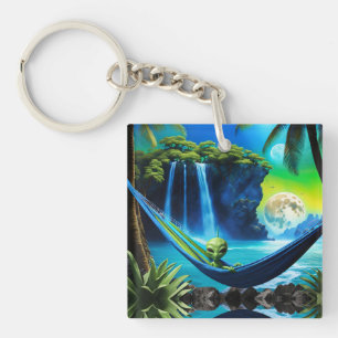 Alien Hammock on Beach Vacation Key Ring