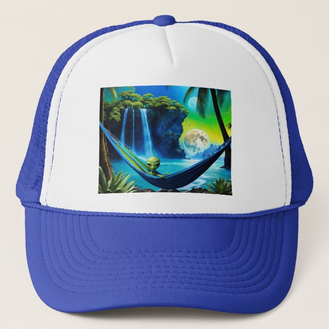 Alien Hammock on Beach Vacation Trucker Hat (Front)