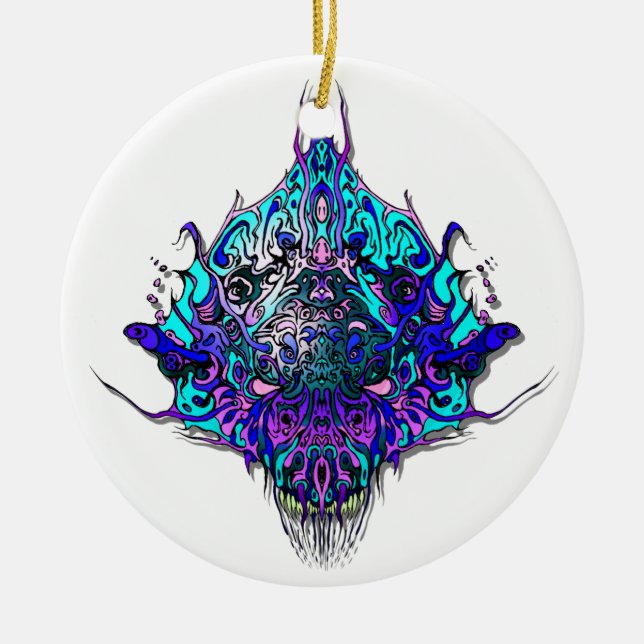 Alien Head - blue and purple Ceramic Tree Decoration (Front)