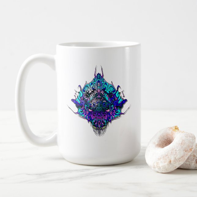 Alien Head blue and purple tribal design Coffee Mug (With Donut)