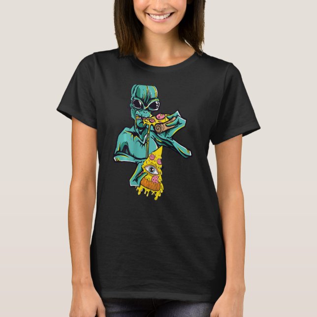 Alien Head Eating Pizza Extraterrestrial On Back T-Shirt (Front)