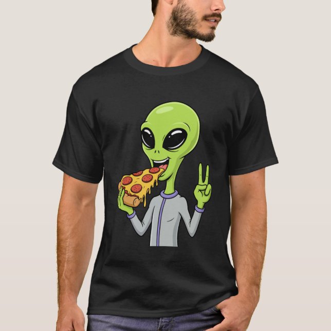Alien Head Eating Pizza UFO Extraterrestrial Snack T-Shirt (Front)