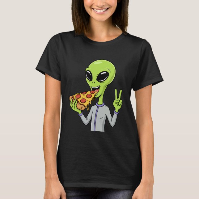Alien Head Eating Pizza UFO Extraterrestrial Snack T-Shirt (Front)