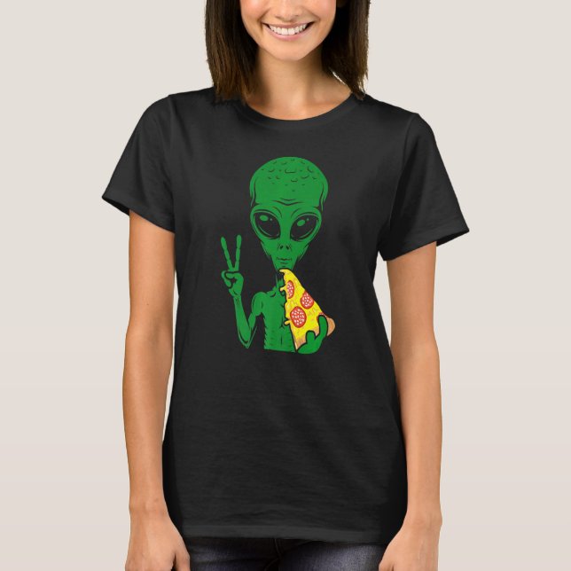 Alien Head Eating Pizza Ufo Extraterrestrial T-Shirt (Front)