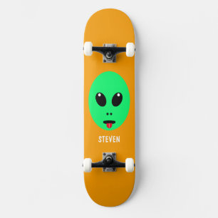 Alien Head Green Orange Personalised Kids Skateboard