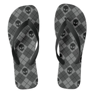 Alien Heads Black & Grey Celestial Argyle Pattern Flip Flops