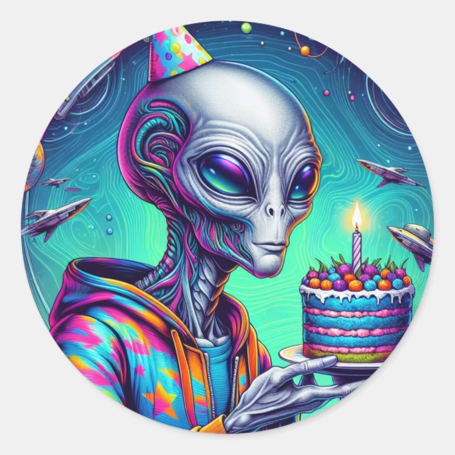 Alien holding Birthday Cake  Classic Round Sticker (Front)