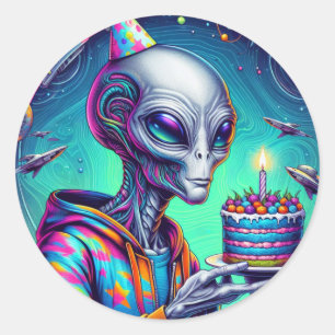 Alien holding Birthday Cake  Classic Round Sticker