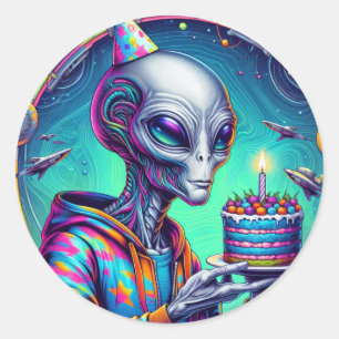 Alien holding Birthday Cake Classic Round Sticker