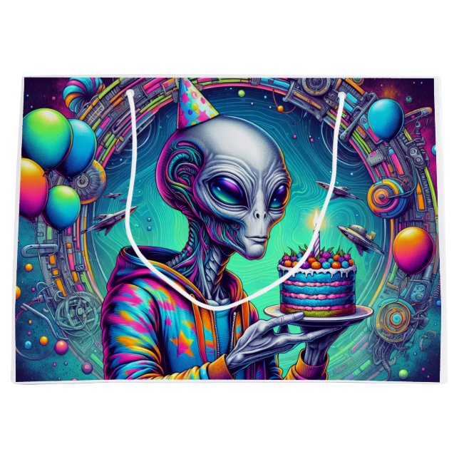 Alien holding Birthday Cake  Large Gift Bag (Front)