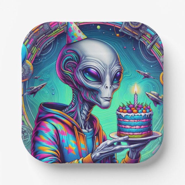 Alien holding Birthday Cake  Paper Plate (Front)