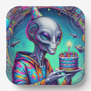 Alien holding Birthday Cake Paper Plate