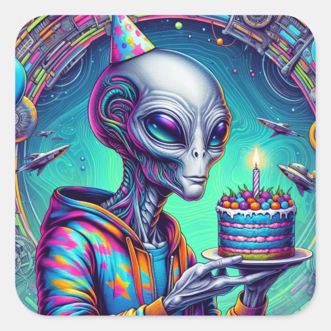 Alien holding Birthday Cake  Square Sticker (Front)