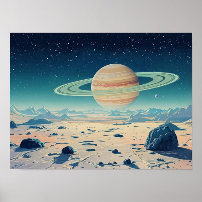 Alien Horizon: Saturn-Inspired Planetary Landscape Poster (Front)