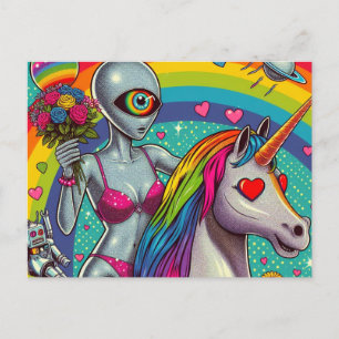 Alien in a bikini on a Unicorn  Postcard