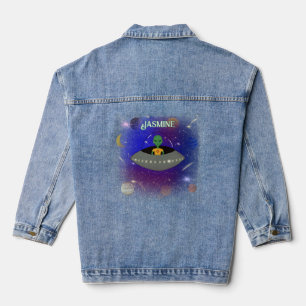 Alien in a Spaceship Wearing a New Mexico t-shirt Denim Jacket