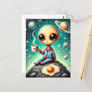Alien in Blue and Pink PJs with a Coffee and Egg Postcard