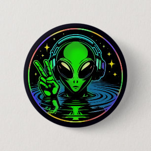 Alien in Headphones giving Peace Sign  6 Cm Round Badge