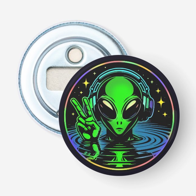Alien in Headphones giving Peace Sign  Bottle Opener (Front)