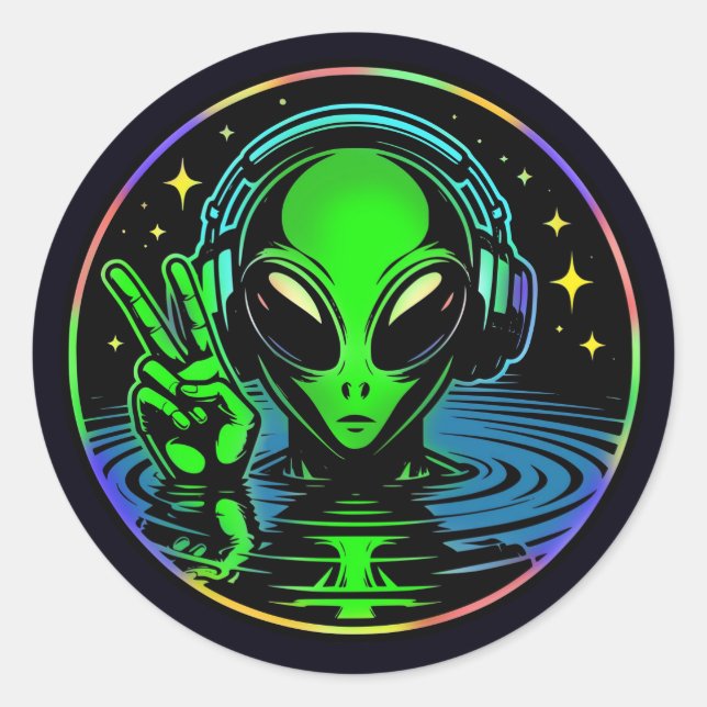 Alien in Headphones giving Peace Sign  Classic Round Sticker (Front)