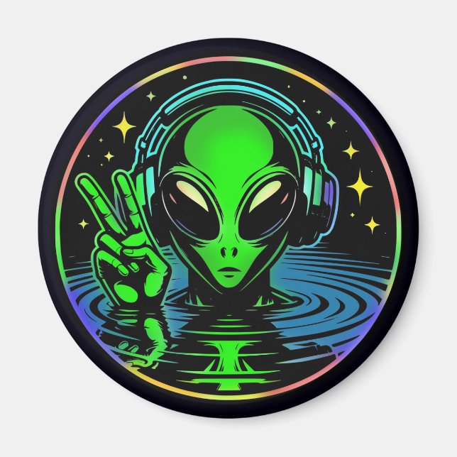 Alien in Headphones giving Peace Sign  Magnet (Front)
