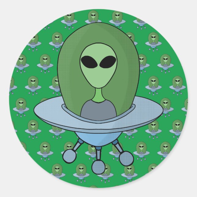 Alien in his little spaceship classic round sticker (Front)