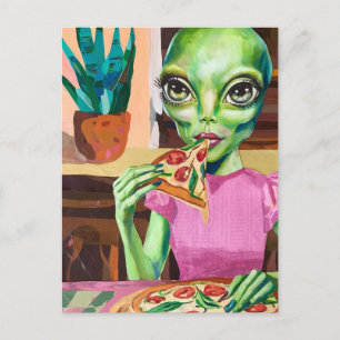 Alien in Pink Eating Pizza Postcard