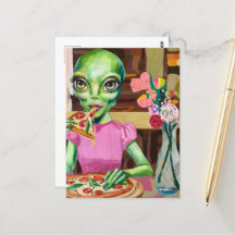 Alien in Pink Eating Pizza with a Flower Vase
