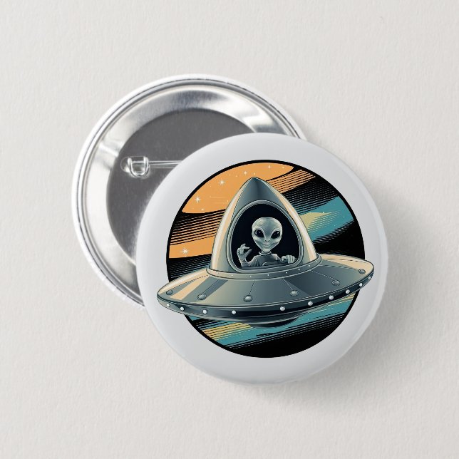 Alien in Spaceship 6 Cm Round Badge (Front & Back)
