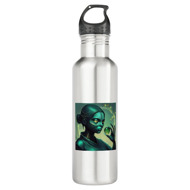 Alien Lady Holds Transparent Glass Object 710 Ml Water Bottle (Front)
