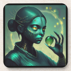 Alien Lady Holds Transparent Glass Object Coaster