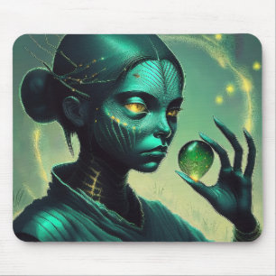 Alien Lady Holds Transparent Glass Object  Mouse Mat