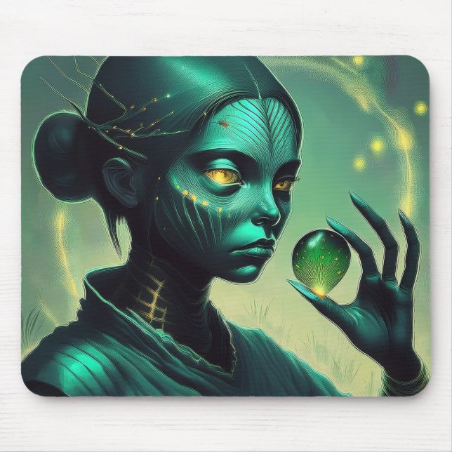 Alien Lady Holds Transparent Glass Object  Mouse Mat (Front)