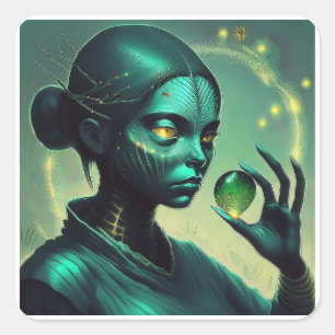 Alien Lady Holds Transparent Glass Object Square Sticker