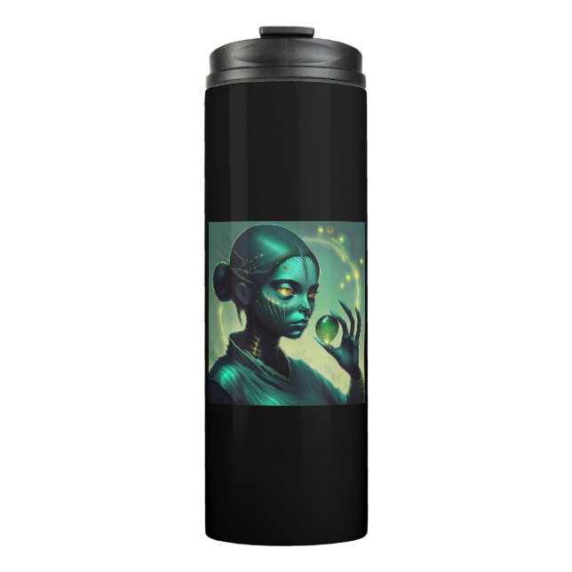 Alien Lady Holds Transparent Glass Object Thermal Tumbler (Front)