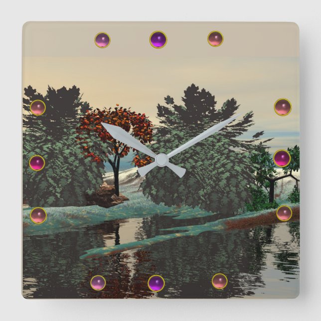 ALIEN LANDSCAPE,TREES,LAGOON HYPERION Sci Fi Square Wall Clock (Front)