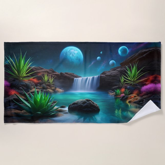 Alien Landscape Waterfall Moons Beach Towel (Front)