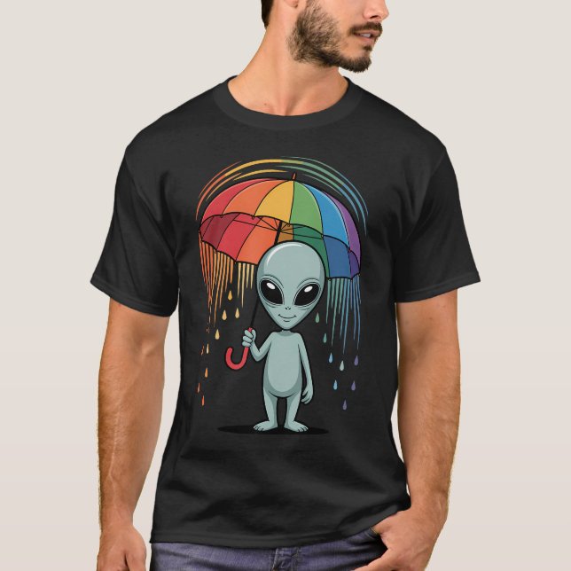 Alien Lgbt Gay Pride Rainbow Flag Umbrella Ufo Lov T-Shirt (Front)