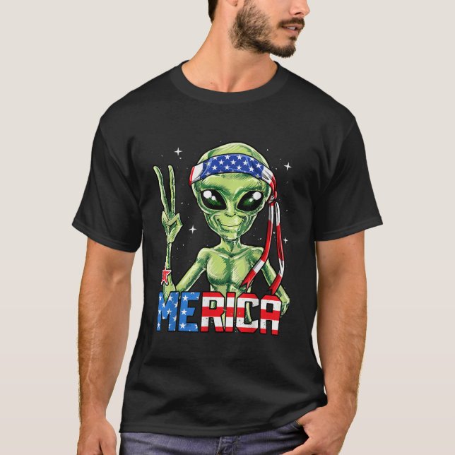 Alien Merica 4th of July Tshirt Men American Flag  (Front)