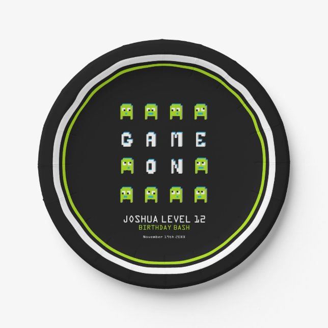 Alien monster pixel graphic character kids party paper plate (Front)