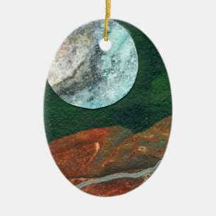 Alien moon in a green night sky ceramic tree decoration