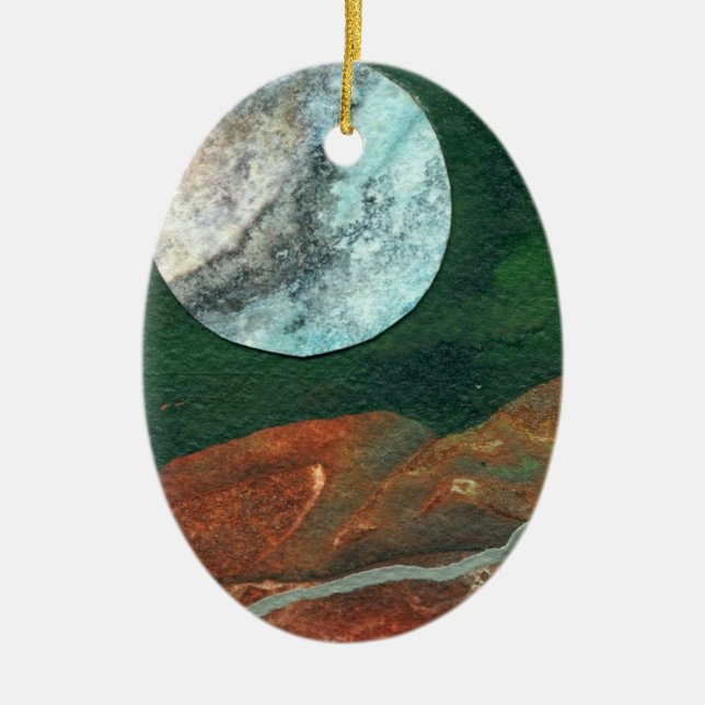 Alien moon in a green night sky ceramic tree decoration (Front)