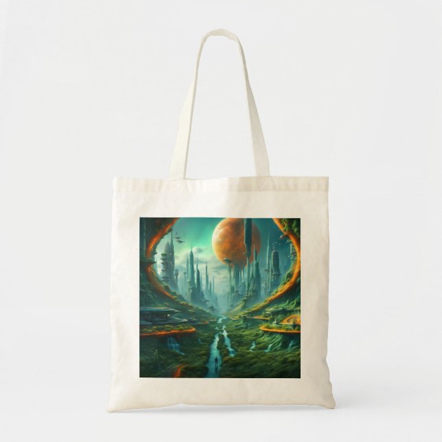 Alien Nature & Futuristic City Surreal Sci-Fi Art Tote Bag (Front)