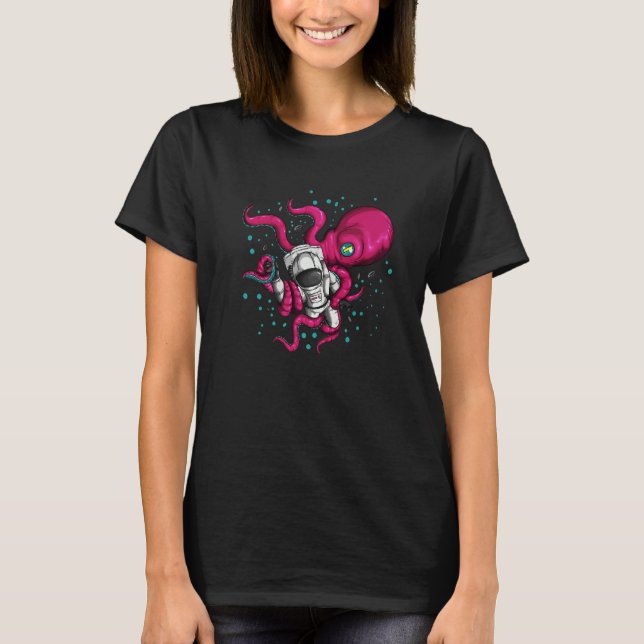 Alien Octopus Holds Astronaut Cosmonaut Space Fish T-Shirt (Front)