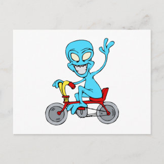 alien on tiny bicycle postcard