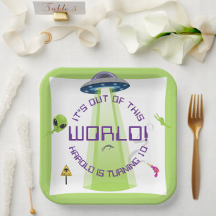 Alien Out of the World Any Age Birthday Paper Plate