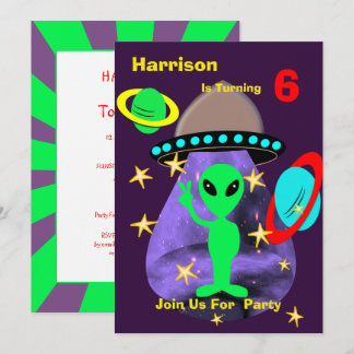 Alien Outer Space Kids Fun Cute Birthday Party Invitation