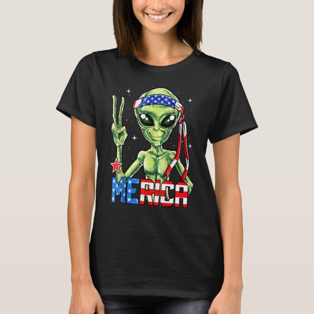 Alien Peace Sign 4th Of July Merica Ufo American F T-Shirt (Front)