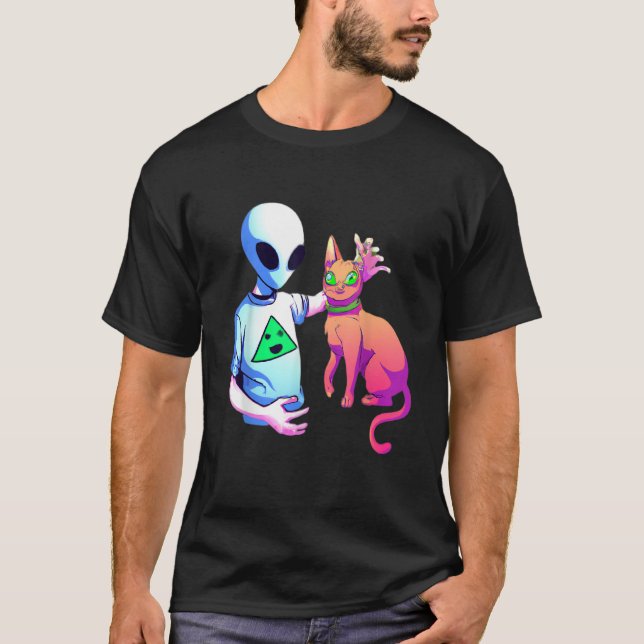 Alien Petting A Cat Alien Ufo  Cat Kids Men Women T-Shirt (Front)